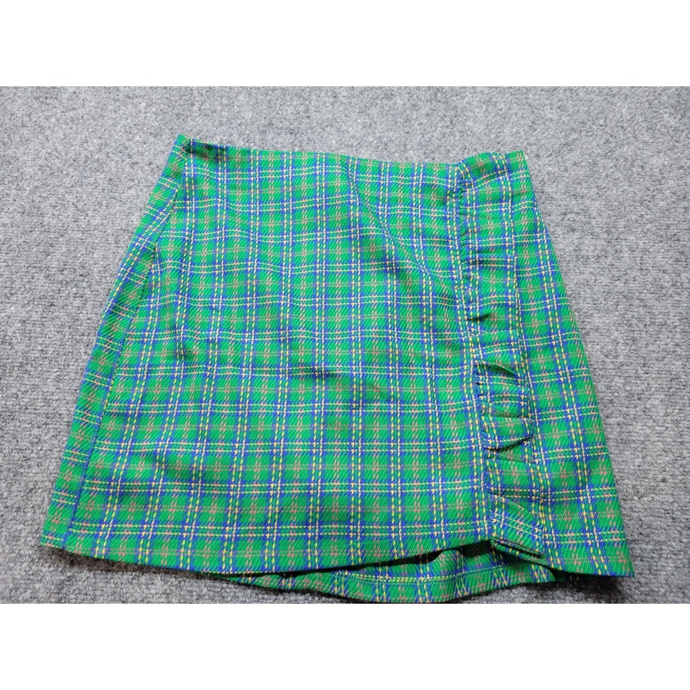 Topshop Green Plaid Ruffle Mini Skirt US 8 Blue Yellow Check 27M29PGRN